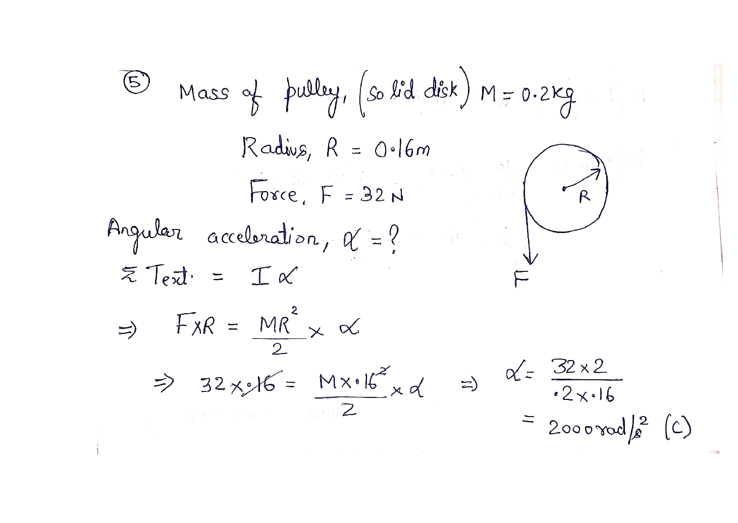 Solved 5. A pulley is a solid disk with mass M = 0.2 kg and radius R